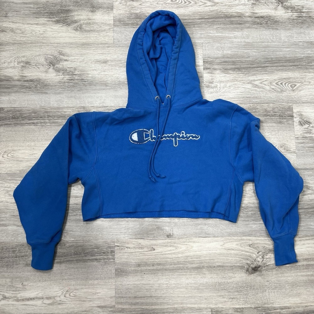 Champion Cropped Hoodie Pullover Sweatshirt Raw Hem Blue Comfy Casual Sz‎ M